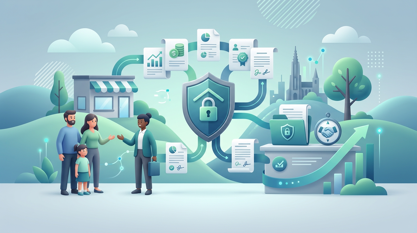 Versicherungsmakler beraten Familien und Unternehmen mit vielfältigem Schutz und Unterstützung, während Ulm im Hintergrund liegt.