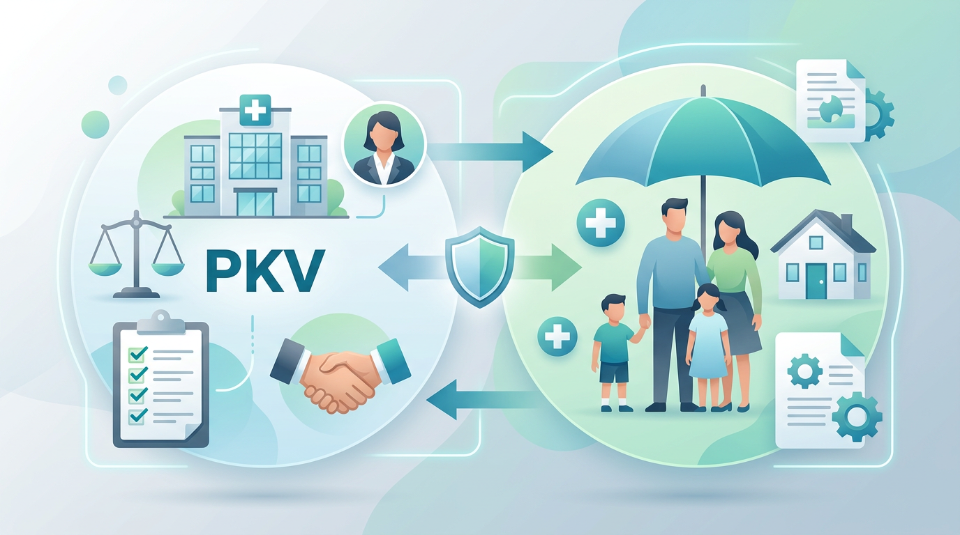 Infografik: PKV-Vorteile (Krankenhaus, Recht, Auswahl) links, Familienschutz (Schirm, Haus) rechts. Wahl der Krankenversicherung.