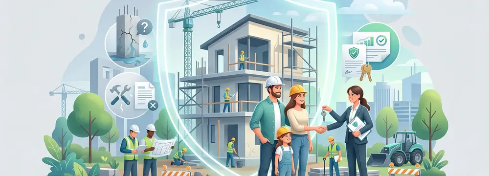 Familie erhält Schlüssel vor neuem Haus unter Schutzschild; Bauarbeiter, Kräne und Icons für Schäden/Versicherung im Hintergrund.