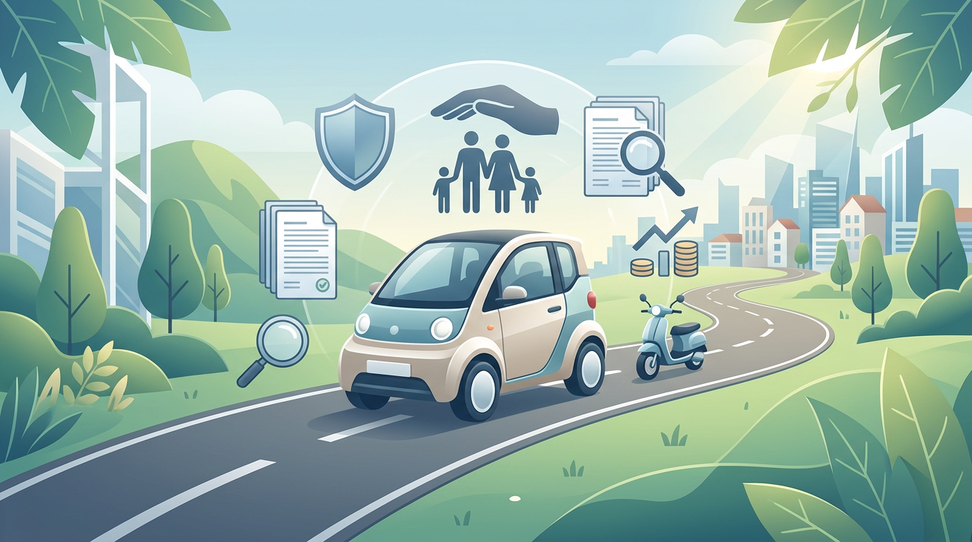 Kompaktautos und Motorroller auf einer kurvigen Straße, umgeben von Versicherungssymbolen und Stadtkulisse.