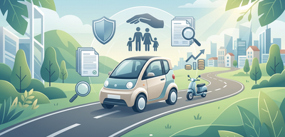 Kompaktautos und Motorroller auf einer kurvigen Straße, umgeben von Versicherungssymbolen und Stadtkulisse.