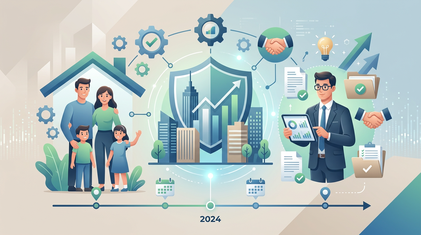 Familie, Makler und Immobilienwirtschaft. Zeitachse mit 2024, Schutzschild und Geschäftsleute mit Tablet.