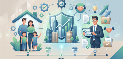 Familie, Makler und Immobilienwirtschaft. Zeitachse mit 2024, Schutzschild und Geschäftsleute mit Tablet.