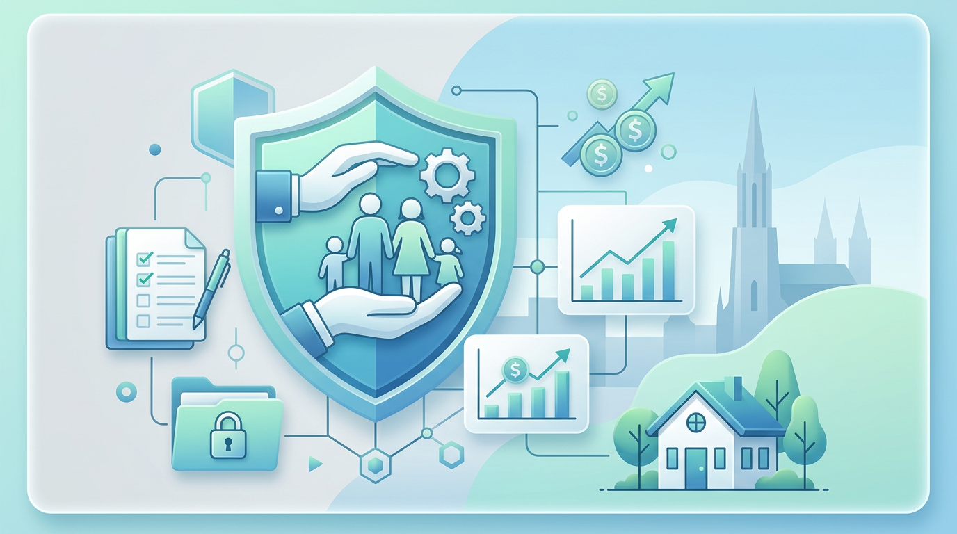 Schutzschild mit Familie, Dokumenten, Finanzdiagrammen und Ulmer Münster im Hintergrund, symbolisiert finanzielle Sicherheit.