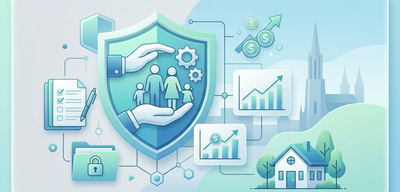 Schutzschild mit Familie, Dokumenten, Finanzdiagrammen und Ulmer Münster im Hintergrund, symbolisiert finanzielle Sicherheit.