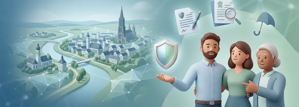 Versicherung für Illertissen: Familie vor Stadtkulisse mit Schutzsymbolen und Dokumenten, vernetzt mit der Region.