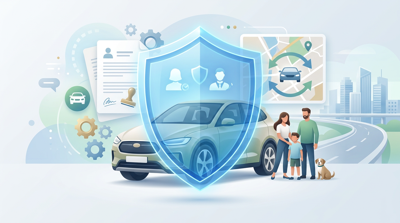 Fahrzeug sicher versichert: Familie, Auto und Schutzschild symbolisieren flexible Drittfahrer-Versicherung in der Stadt.