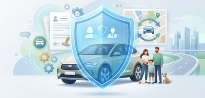 Fahrzeug sicher versichert: Familie, Auto und Schutzschild symbolisieren flexible Drittfahrer-Versicherung in der Stadt.
