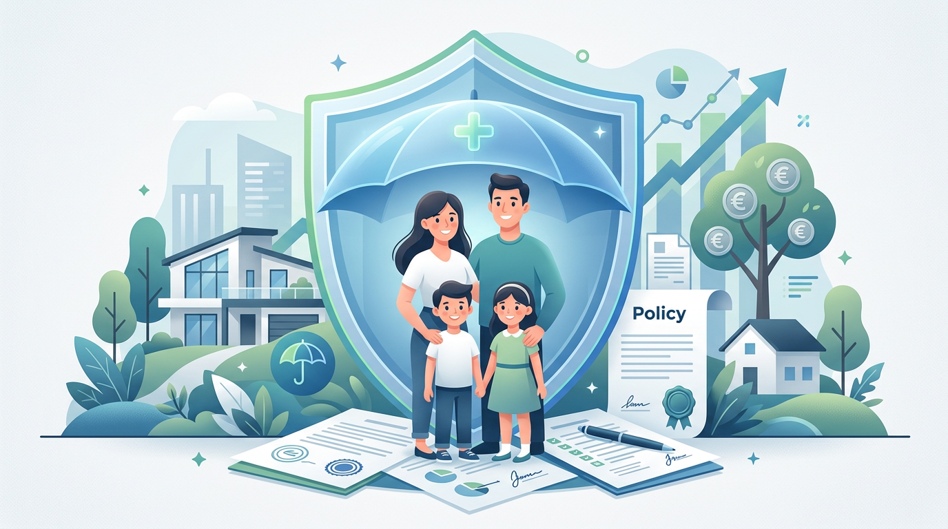 Familie unter schützendem Schirm, gesichert durch Risikolebensversicherung, mit Haus, Geldbaum und Dokumenten.