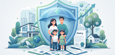 Familie unter schützendem Schirm, gesichert durch Risikolebensversicherung, mit Haus, Geldbaum und Dokumenten.