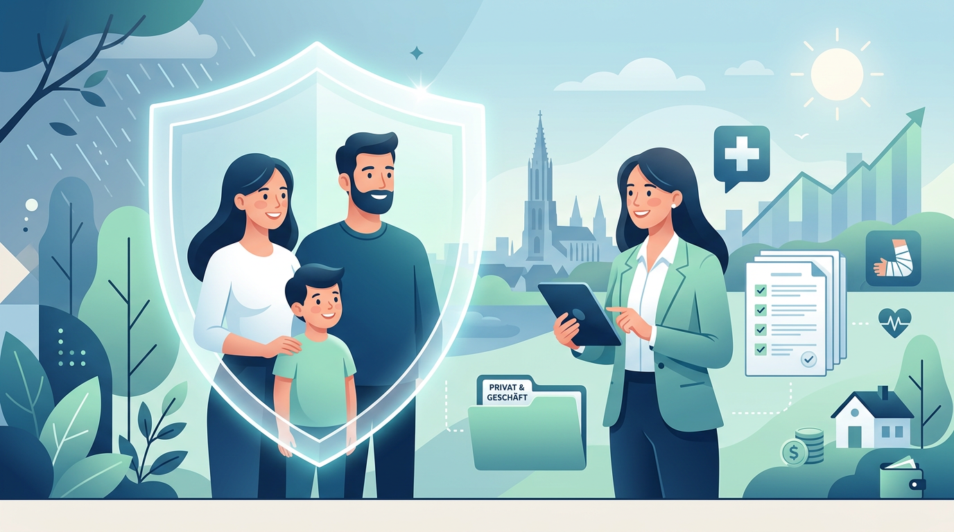 Familie unter Schutzschild, Beraterin mit Tablet, Ulm-Panorama, icons für Kranken- und Unfallversicherung.