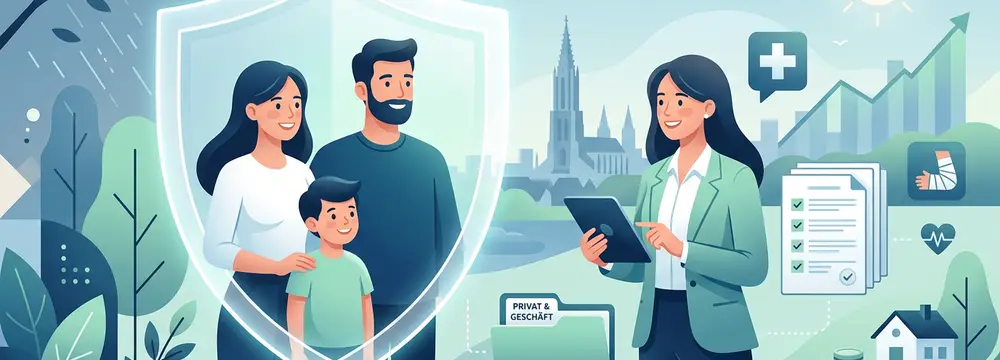 Familie unter Schutzschild, Beraterin mit Tablet, Ulm-Panorama, icons für Kranken- und Unfallversicherung.