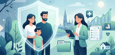 Familie unter Schutzschild, Beraterin mit Tablet, Ulm-Panorama, icons für Kranken- und Unfallversicherung.