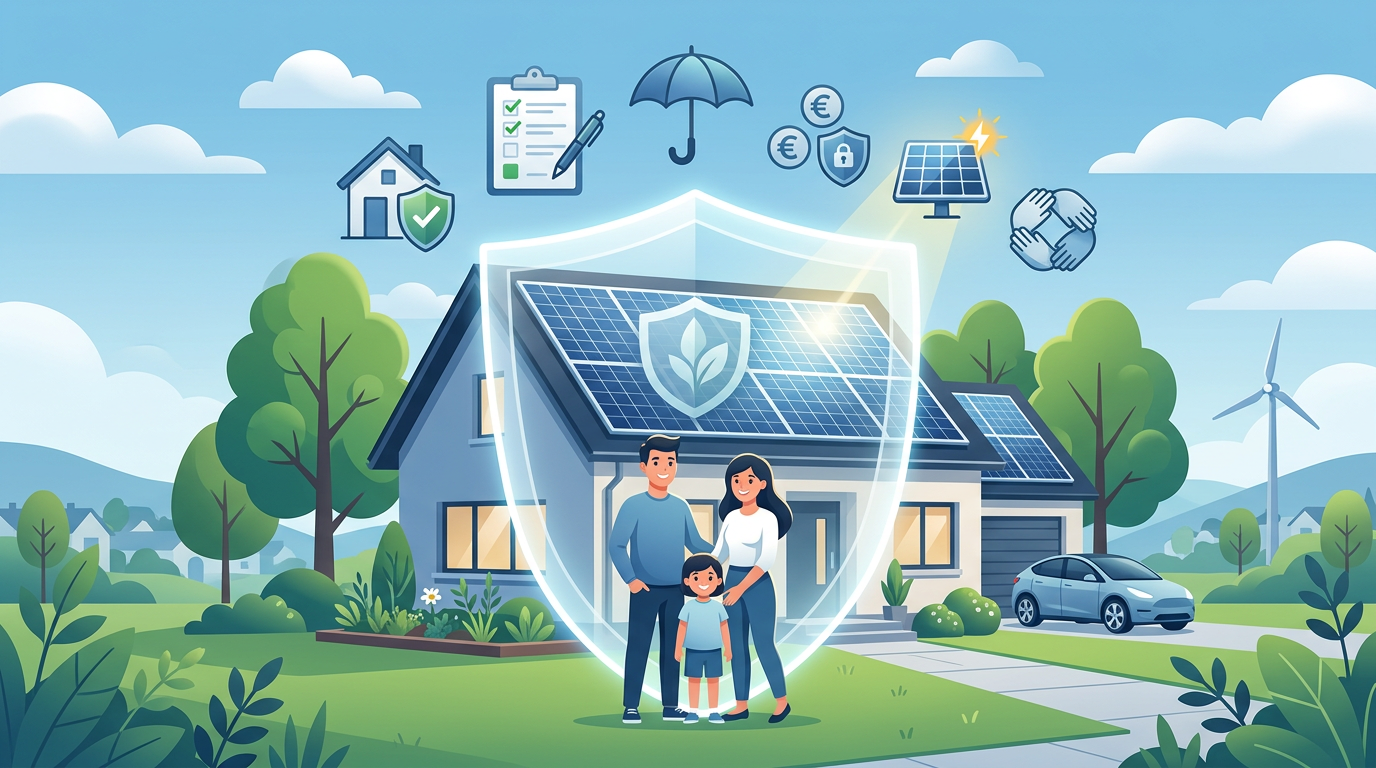 Familie mit Haus und Photovoltaik, umgeben von Schutzschild und Versicherungssymbolen.