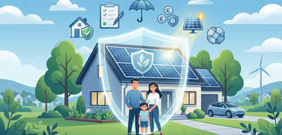 Familie mit Haus und Photovoltaik, umgeben von Schutzschild und Versicherungssymbolen.