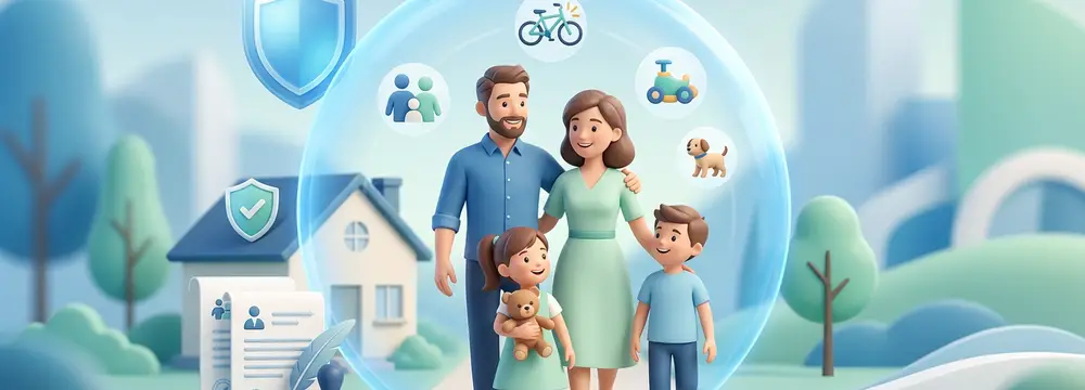 Eine Familie ist von einer schützenden Blase umgeben, die Symbole für verschiedene Versicherungsleistungen enthält.