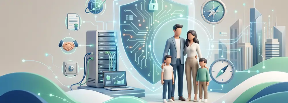 Familie, Daten und Finanzen vor Cyberbedrohungen geschützt, symbolisiert durch einen Server und ein Schutzschild.