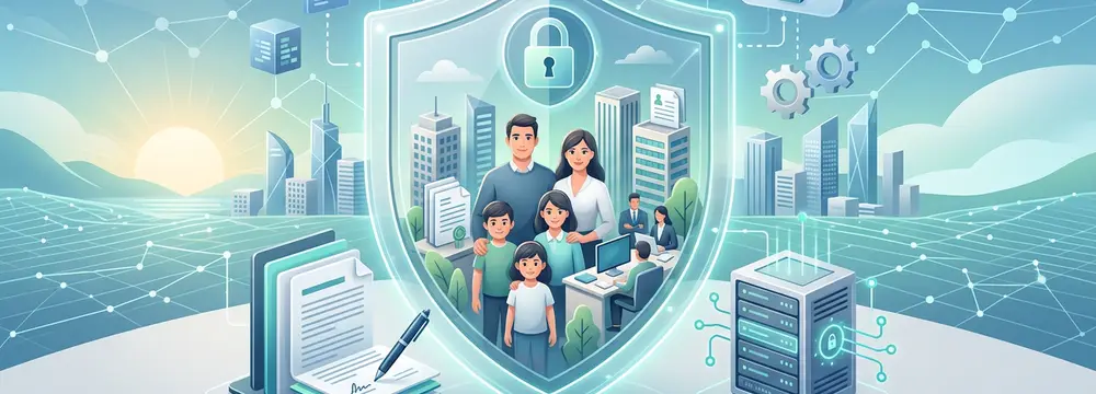 Familie und Unternehmen sicher in einem digitalen Schild, umgeben von Servern, Dokumenten und einer Stadt.