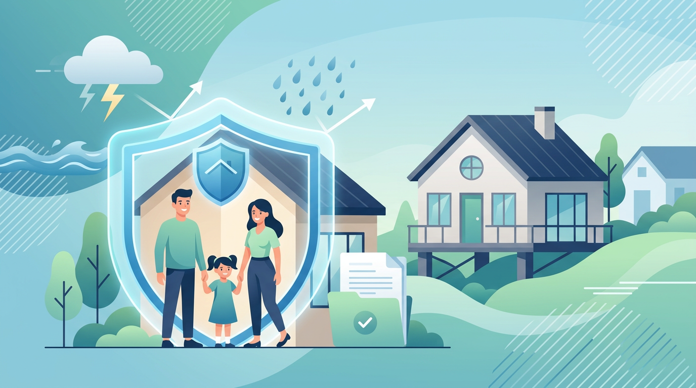 Familie und Haus unter Schutzschild vor Naturgefahren wie Sturm, Regen und Hochwasser. Symbolisiert Elementarversicherung.