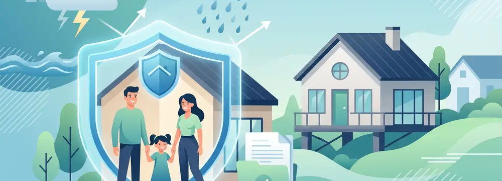 Familie und Haus unter Schutzschild vor Naturgefahren wie Sturm, Regen und Hochwasser. Symbolisiert Elementarversicherung.