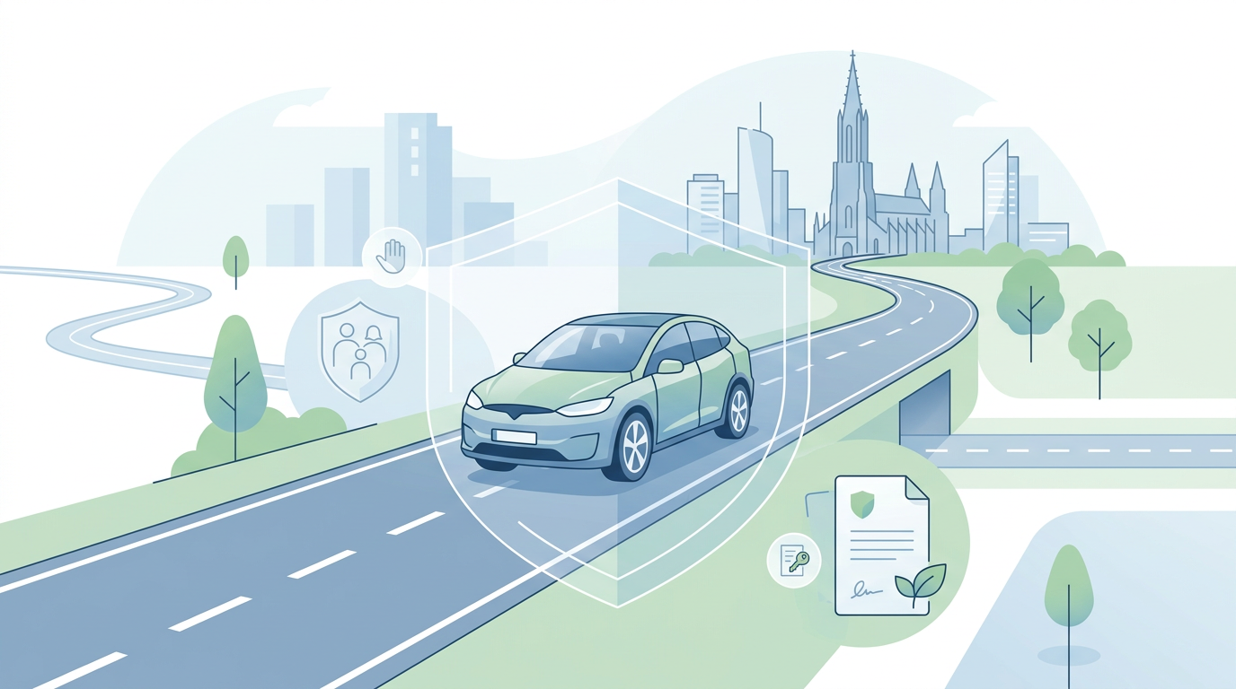 Sicherer Pendlerweg auf der A7/A8: Auto von Schutzschild umgeben, Stadtkulisse von Ulm mit Ulmer Münster im Hintergrund.
