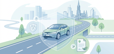 Sicherer Pendlerweg auf der A7/A8: Auto von Schutzschild umgeben, Stadtkulisse von Ulm mit Ulmer Münster im Hintergrund.
