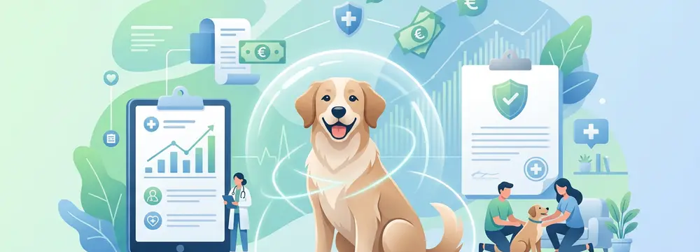 Lächelnder Hund umgeben von Tierarztsymbolen, Patientenakten, Tierärzten, Besitzern und Geld — Tierarztkostenversicherung.