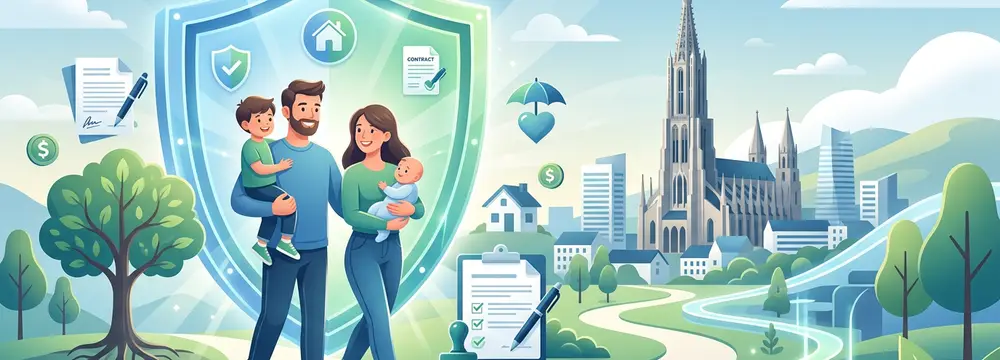 Ulm/Neu-Ulm: Familie, Kind, Risikolebensversicherung, Vertrag, Haus, Ulmer Münster, Geld, Schutzschild.