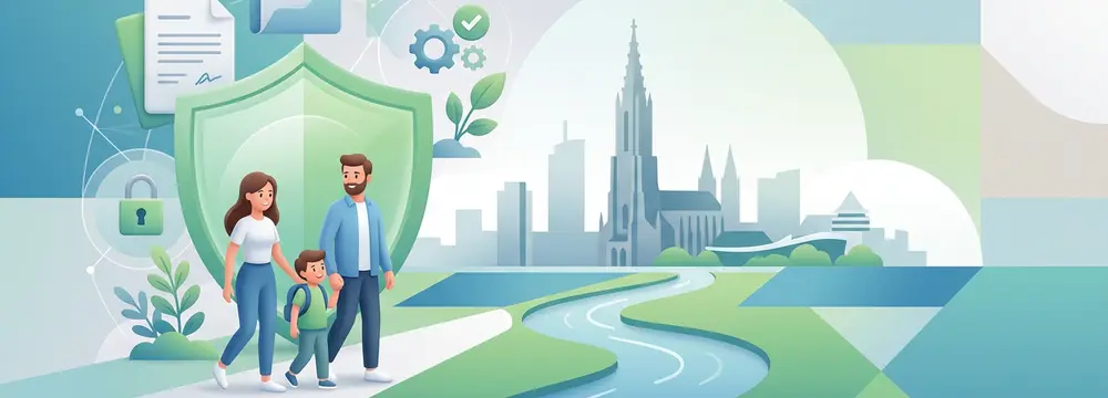 Familie in Ulm und Neu-Ulm mit Schutzschild, Ulmer Münster und Unterlagen für Unfallversicherung 2026.