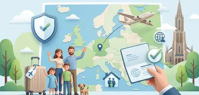 Familie, Koffer und Versicherungsschutz vor Europakarte und dem Ulmer Münster, Flugzeug fliegt über Deutschland.