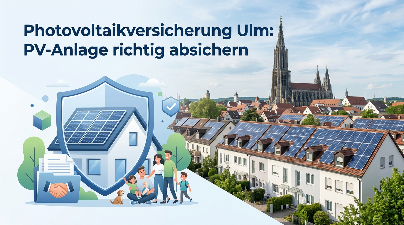 Solaranlagen auf Ulmer Dächern mit Münster im Hintergrund, dazu eine Illustration einer Familie vor einem sicheren Solarhaus.