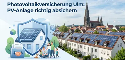 Solaranlagen auf Ulmer Dächern mit Münster im Hintergrund, dazu eine Illustration einer Familie vor einem sicheren Solarhaus.
