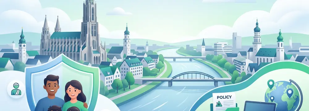 Familie und Stadtansicht Ulm/Neu-Ulm mit Donau, Rathaus, Ulmer Münster. Gesundheitsicons, Laptop, Versicherungspolice.