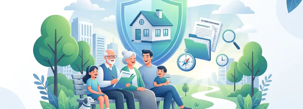 Familie plant Vorsorge mit Schutzschild, Haus, Dokumenten und Kompass für eine sichere Zukunft.