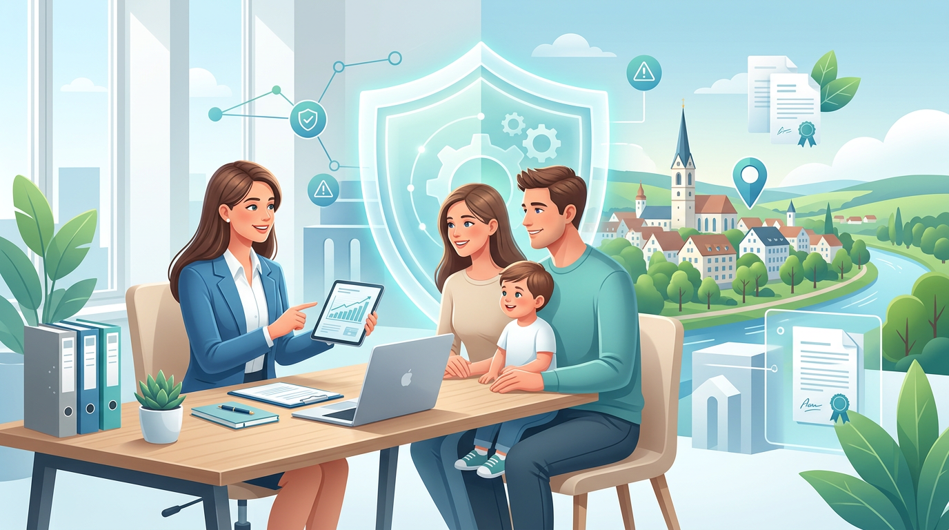 Versicherungsmaklerin berät Familie mit Kind vor einer idyllischen Stadtansicht von Munderkingen.