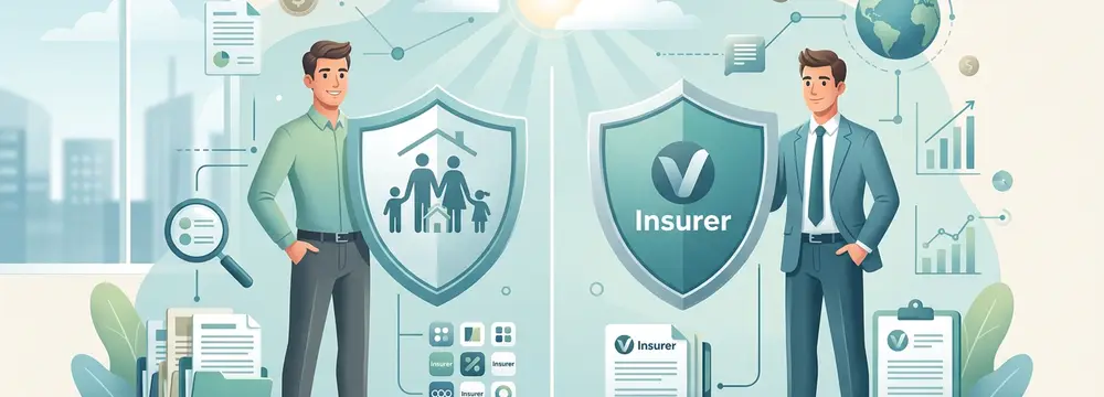 Vergleich: Versicherungsmakler (links mit Familie, Auswahl) und Versicherungsvertreter (rechts mit Insurer-Logo, eine Marke).