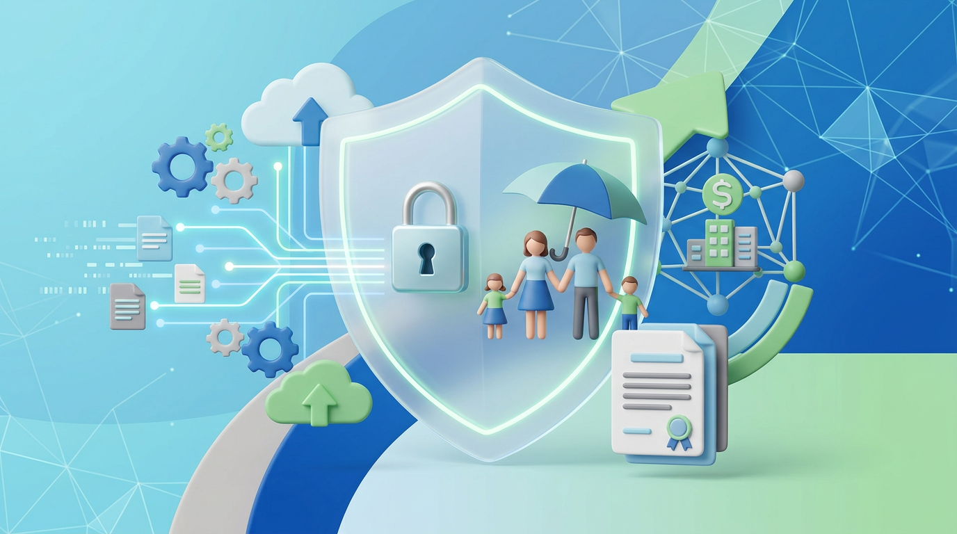 Digitaler Schutzschirm mit Schloss, Familie unter Schirm, Dokumenten, Clouds und Netzwerk – Symbol für Cyberversicherung.