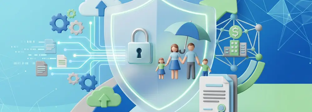 Digitaler Schutzschirm mit Schloss, Familie unter Schirm, Dokumenten, Clouds und Netzwerk – Symbol für Cyberversicherung.