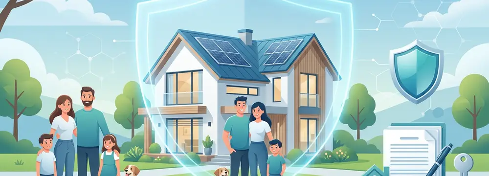 Zwei Familien mit Hunden vor einem geschützten Haus mit Solaranlagen. Dokumente, Schlüssel und Schilde symbolisieren Versicherung.