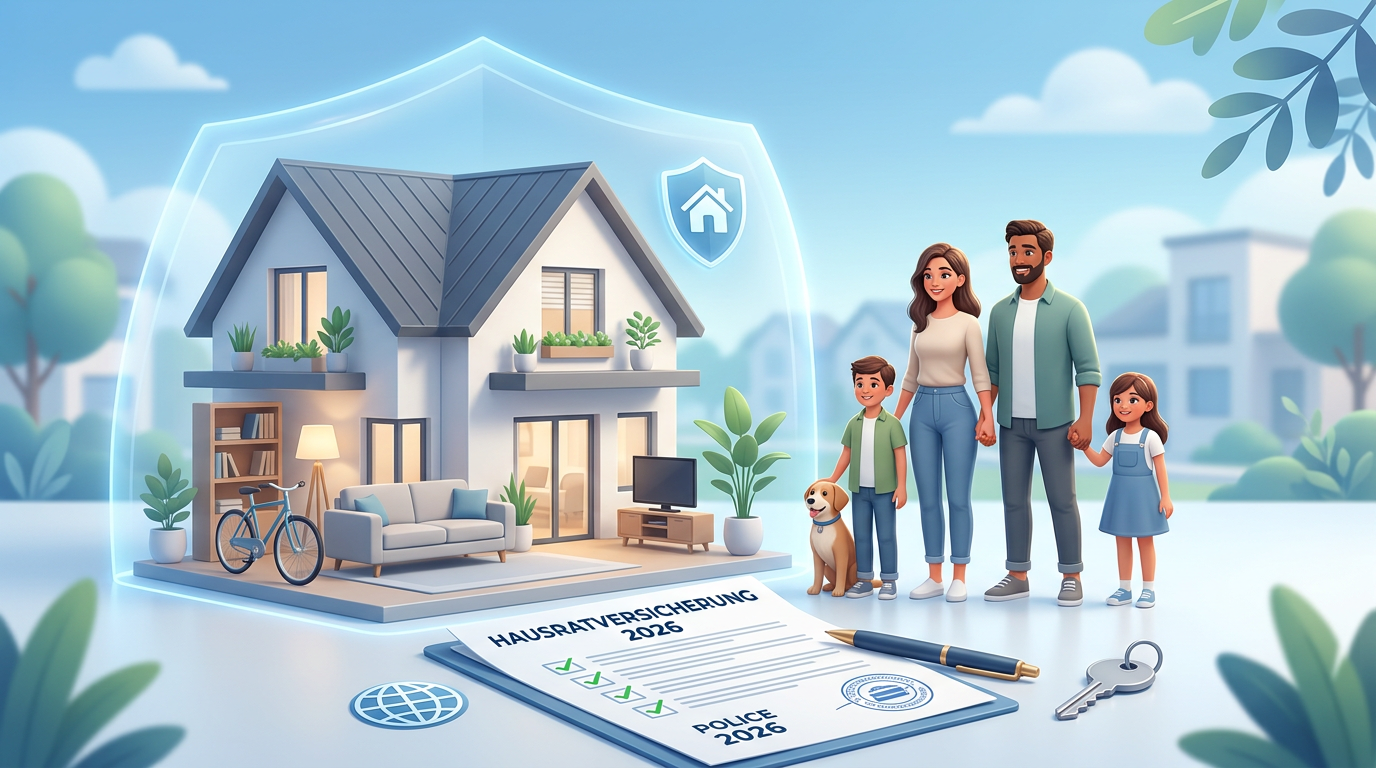 Hausratversicherung 2026: Haus im Schutzschild, Familie, Vertrag, Schlüssel. Sicherheit für Zuhause und Familie.