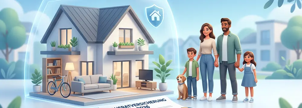Hausratversicherung 2026: Haus im Schutzschild, Familie, Vertrag, Schlüssel. Sicherheit für Zuhause und Familie.