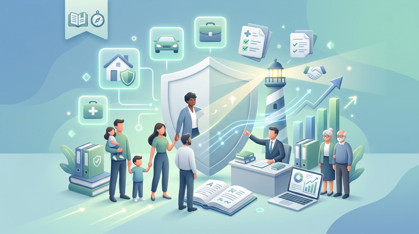 Maklerberater hilft Familien, Paaren und Senioren bei Versicherungen und Finanzen, Leuchtturm als Symbol für Orientierung.