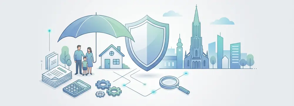 Abstrakte Darstellung von Versicherungen: Familie, Haus, Regenschirm, Schild, Stadt, Dokumente, Rechner, Werkzeuge, Lupe.