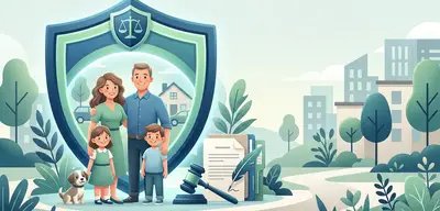 Familie unter einem Schutzschild mit Waage, Dokumente und Richterhammer. Symbol für Rechtsschutz und Sicherheit.