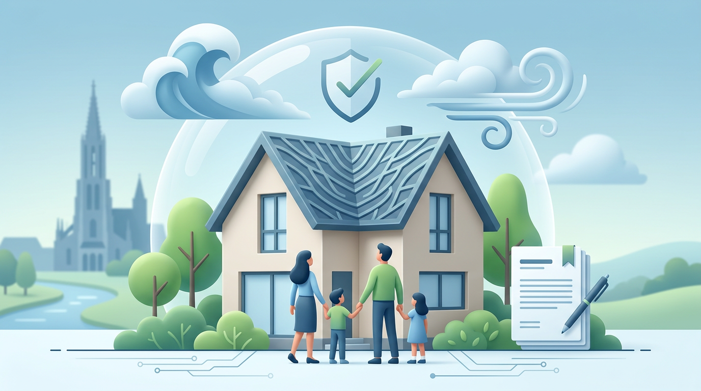 Familie vor sicherem Haus unter Kuppel vor Ulm, geschützt vor Welle und Sturm. Versicherungsunterlagen daneben.