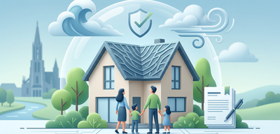 Familie vor sicherem Haus unter Kuppel vor Ulm, geschützt vor Welle und Sturm. Versicherungsunterlagen daneben.