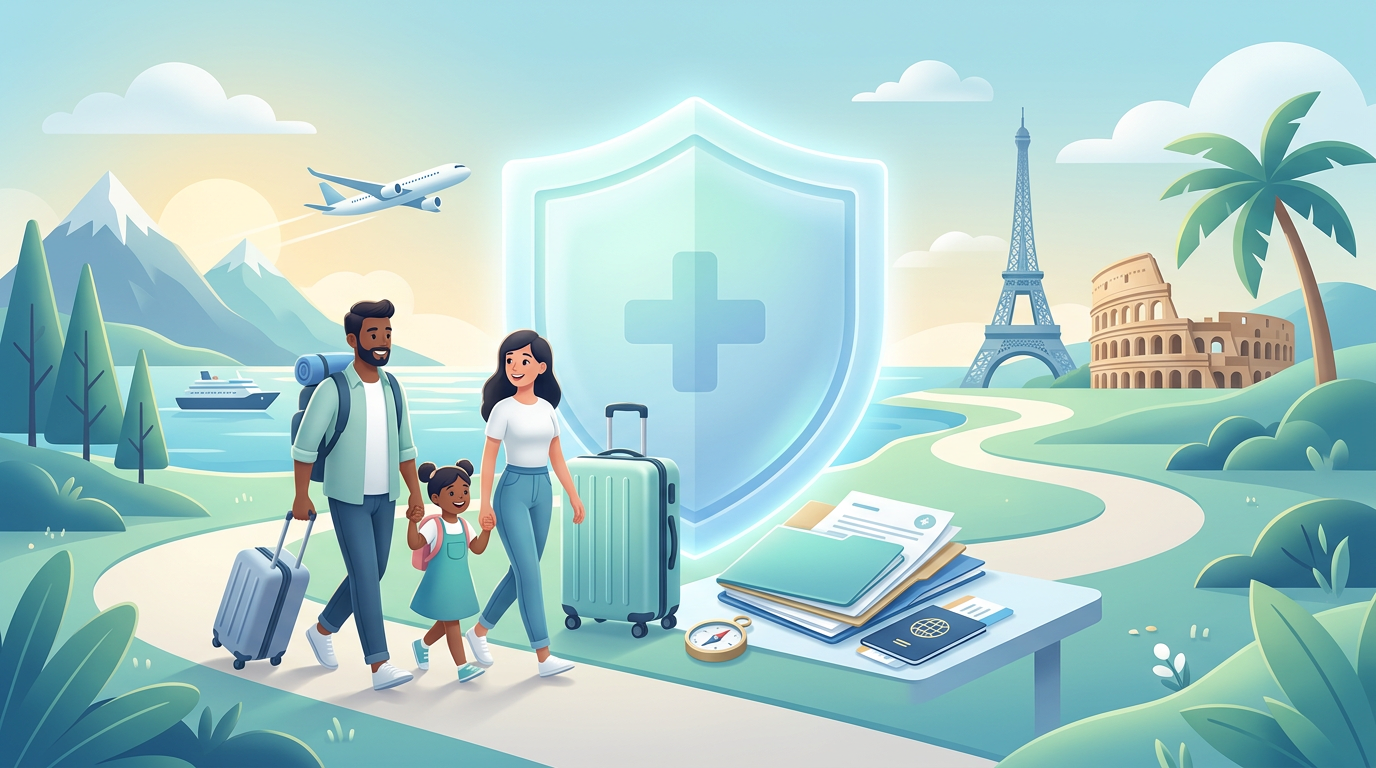 Lachende Familie mit Gepäck, geschützt durch ein Schutzschild, vor einer Landschaft mit Sehenswürdigkeiten.