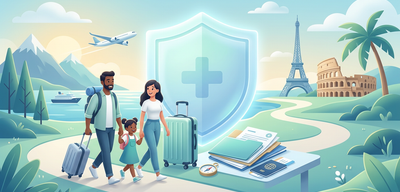 Lachende Familie mit Gepäck, geschützt durch ein Schutzschild, vor einer Landschaft mit Sehenswürdigkeiten.