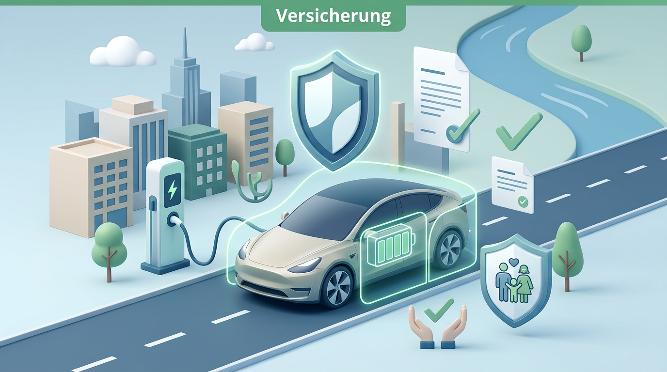 E-Auto wird an Ladesäule geladen, geschützt durch Transparenz-Schild, umgeben von Häusern, Papieren und weiterem Schild
