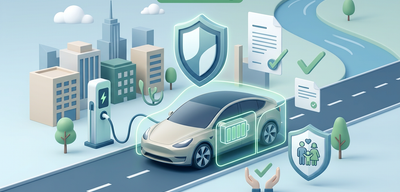 E-Auto wird an Ladesäule geladen, geschützt durch Transparenz-Schild, umgeben von Häusern, Papieren und weiterem Schild